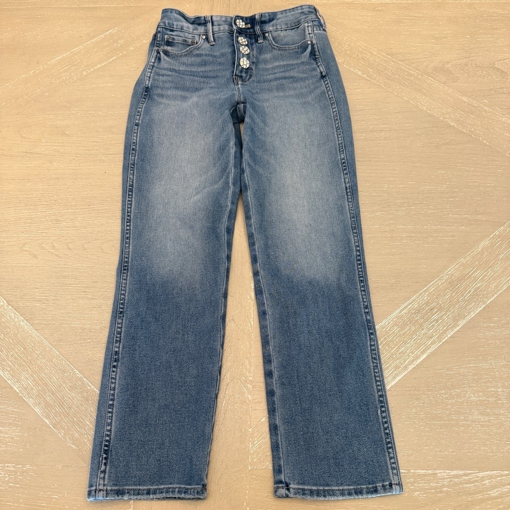 White House Black Market Sculpt Straight Leg Denim Jeans with Rhinestone buttons